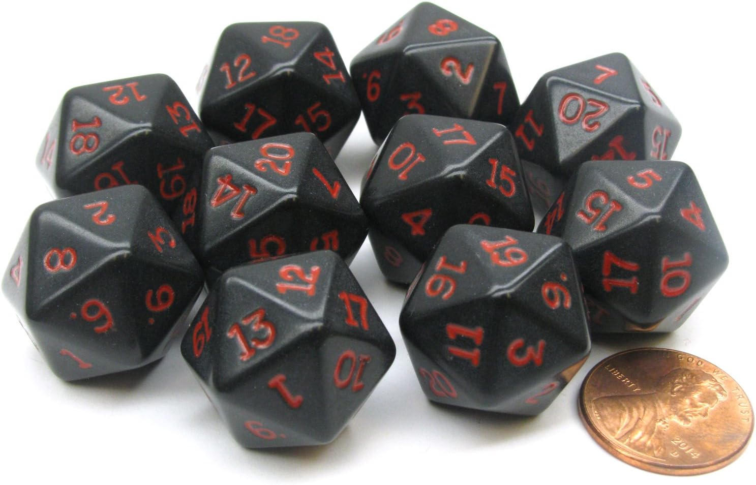 Set of 10 Twenty Sided 19mm D20 Opaque RPG Dice - Black with Red Numbers Die
