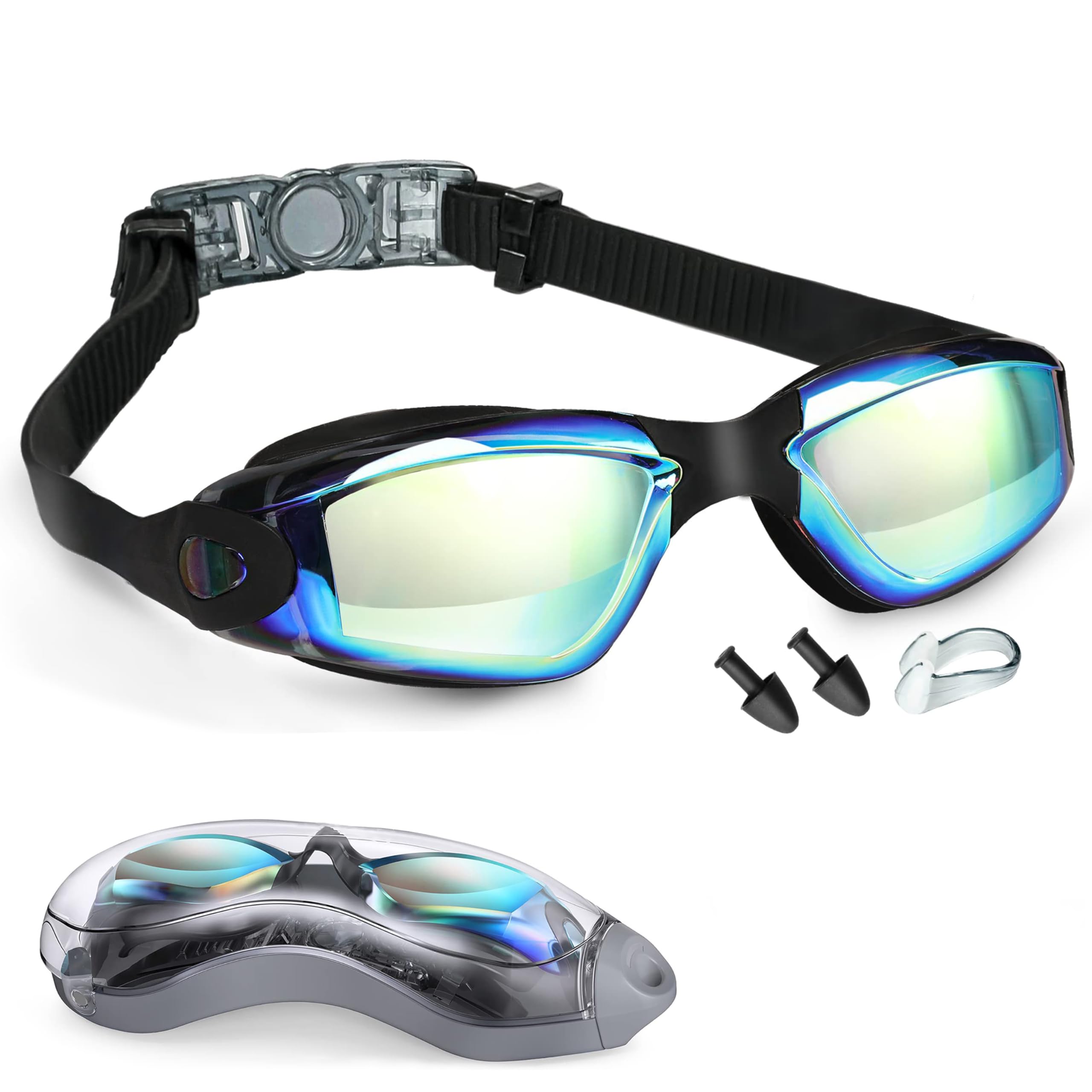 yenlk Swimming Goggles, Attached Ear Plugs for Adult Men Women And Kids 8+, No Leaking, Anti Fog, UV Protection