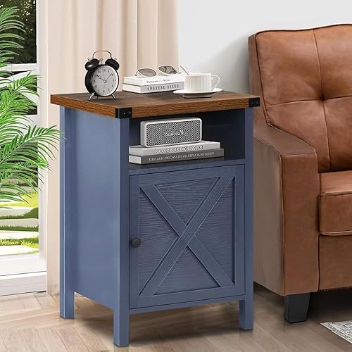 Miniatura 39 de Catrimown Mesa auxiliar de granja, juego de 2 mesitas de noche, mesita de noche rústica con puerta de granero y estante de almacenamiento, mesa