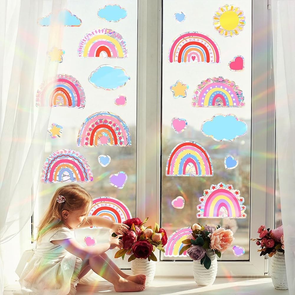 Window Clings for Glass Windows – 6 Sheets Iridescent Spring Window Stickers, Colorful Static Clings for Kids Room & Summer Décor (Rainbow)