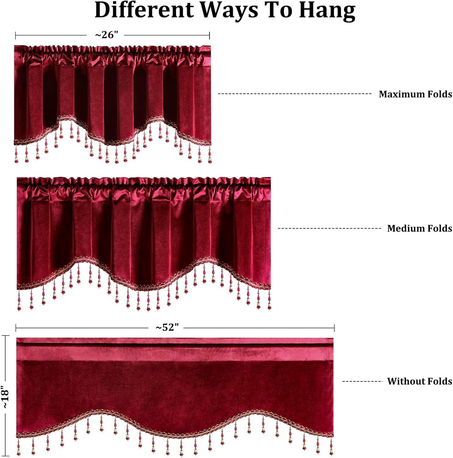 Leeva Burgundy Velvet Kitchen Valance for Windows, Solid Color Wave Curtain with Beaded Tassels, Rod Pocket Elegant Window Topper for Bedroom Living Room Dining Room, 52x18 Inches