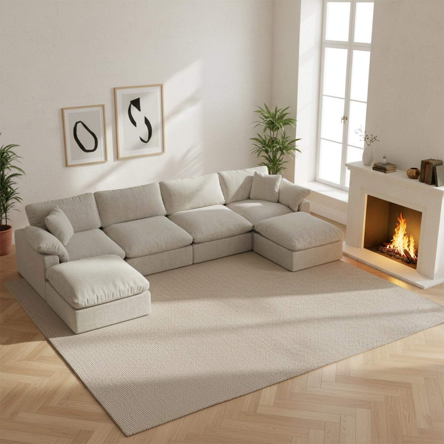 Modern Modular Sectional Sofa U-Shaped 6-Seat with Ottoman,Light Beige-Extra Comfty Deep Seat Couch for Living Room,Apartment,Office &amp; Small Spaces