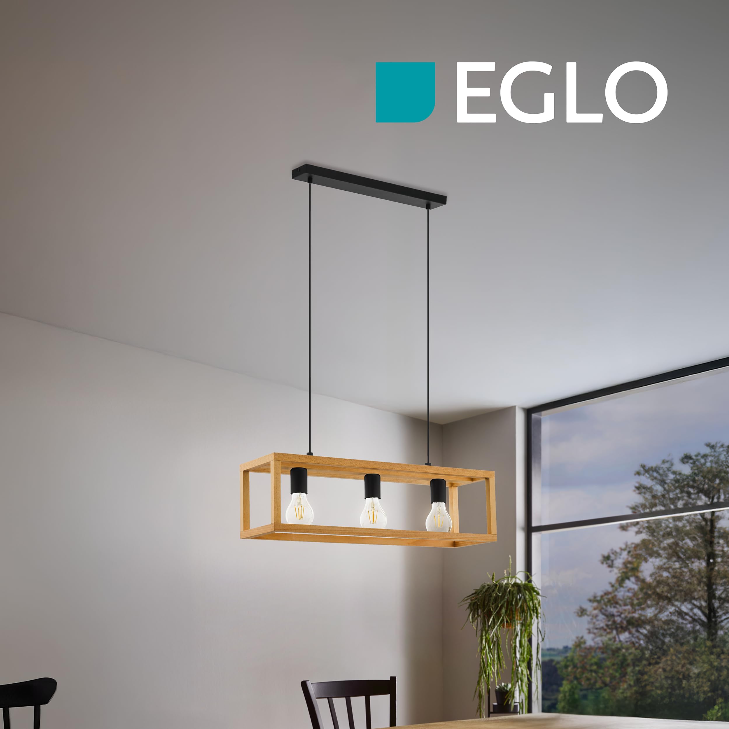 Eglo Blackcrown - Lampadario a sospensione 3 luci, stile | vintage, per tavolo da pranzo, lampada soffitto in design naturale, legno chiaro con attacco E27