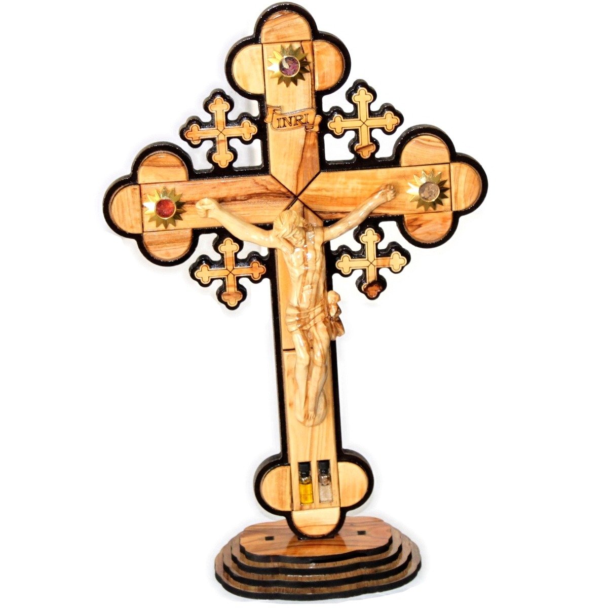 Cruz de madera de olivo tallada en capas mediante láser con tierra santa muestras – de pie o para colgar (14 pulgadas o 35 cm) gran/certificado