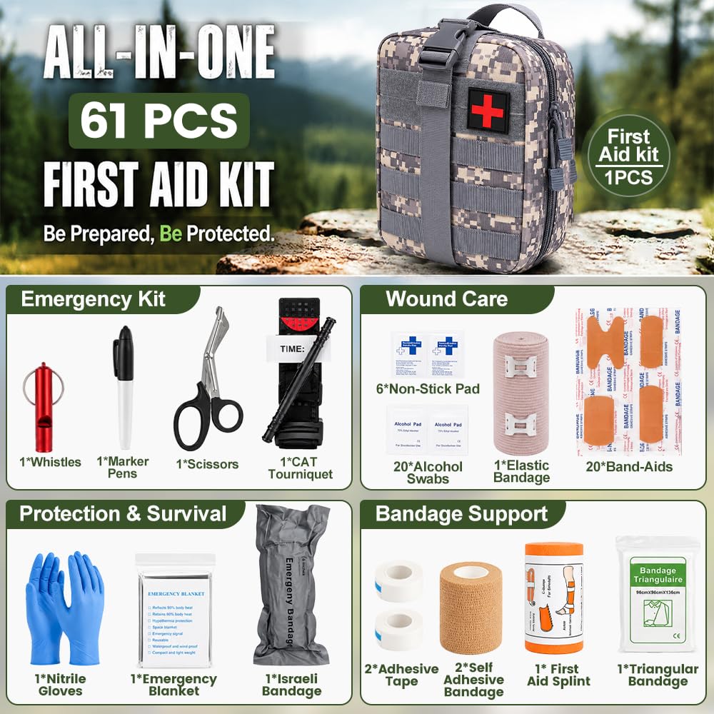 Juego de primeros auxilios militares para exteriores, 61 unidades, kit de primeros auxilios militares, relleno de Ifak, kit de emergencia, kit de supervivencia para acampar al aire libre, caza
