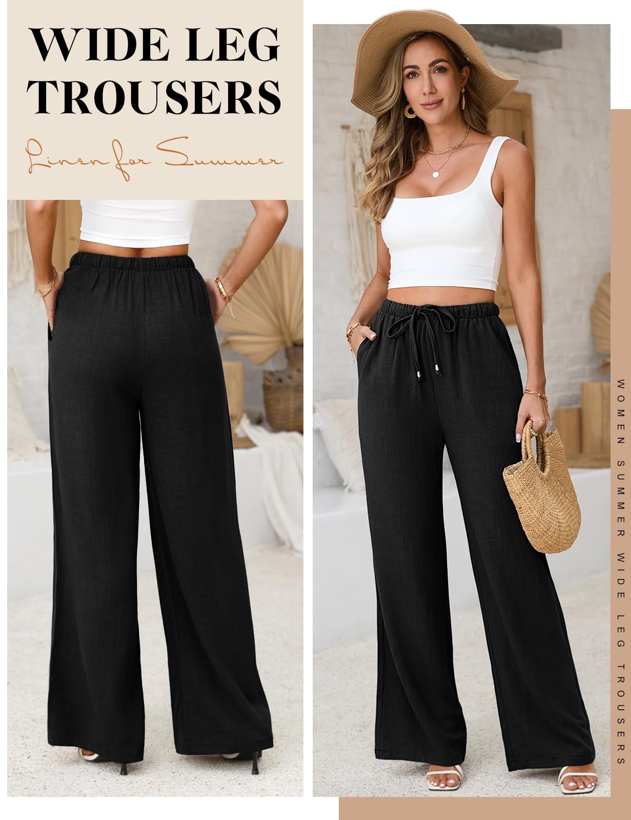 CMTOP Femme Pantalon Fluide Été Lin Pantalons Taille Haute Elastique Pantalons Jambe Large Ample Pantacourt Plissé Décontracté Léger Longueur Pants de Plage avec Poches