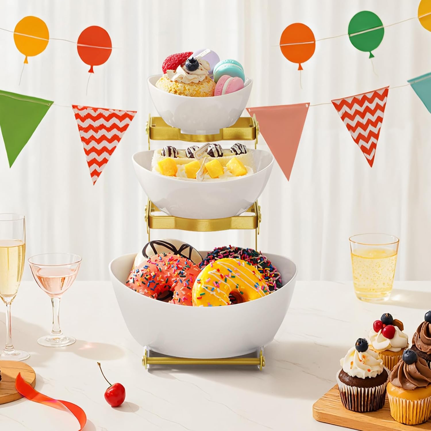 Lifewit 3 Tier Plastic Serving Bowls with Gold Metal Stand, Chips and Dip Serving Tray Set for Entertaining Party, Crack-Proof Serving Platters for Fruit/Snack/Candy, 31 x 20 x 27 cm/12 x 8 x 10.6