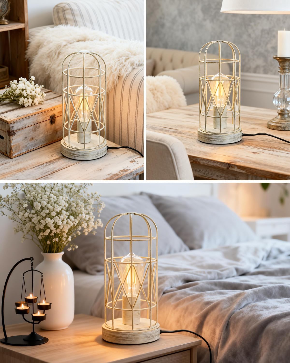 Unique Industrial Table Lamp with Touch Control, 28" Metal Mesh Desk Lamp with 3-Way Dimmer, Dimmable Farmhouse Lamp with Vintage Cage for Living Room, E26 Socket, Includes LED Bulb, White