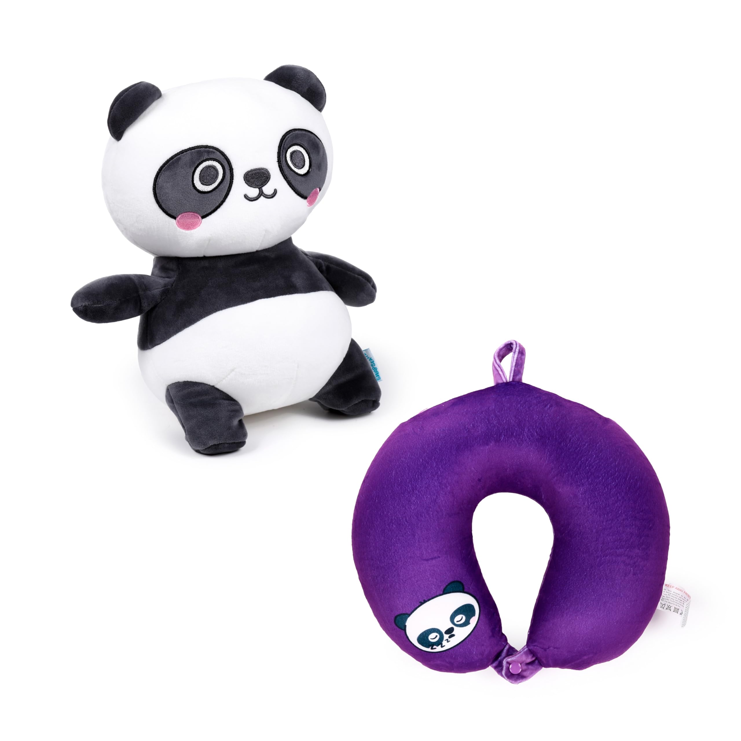 Puckator Swapseazzz Adoramals Susu the Panda 2-in-1 Plush Travel Pillow & Toy - Neck Flight Airplane Pillow For Travel - Kids Neck Pillows Cushion For Sleeping Neck Pain Adults - Airport Essentials