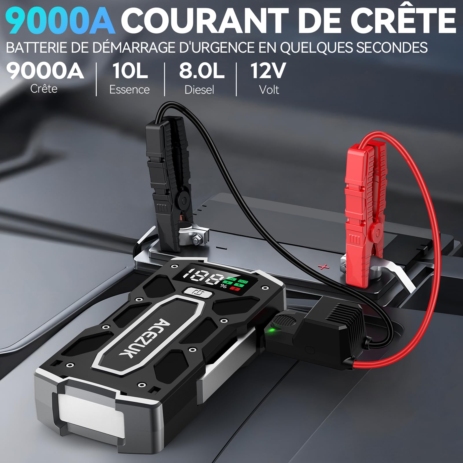 ACEZUK Booster Batterie Voiture 9000A, Démarreur de Batterie de Voiture Portable(Jusqu'à 8.0L Diesel ou 10.0L Gaz), 12V Jump Starter, Pinces Intelligentes avec Écran, Lumière LED, Port de QC3.0