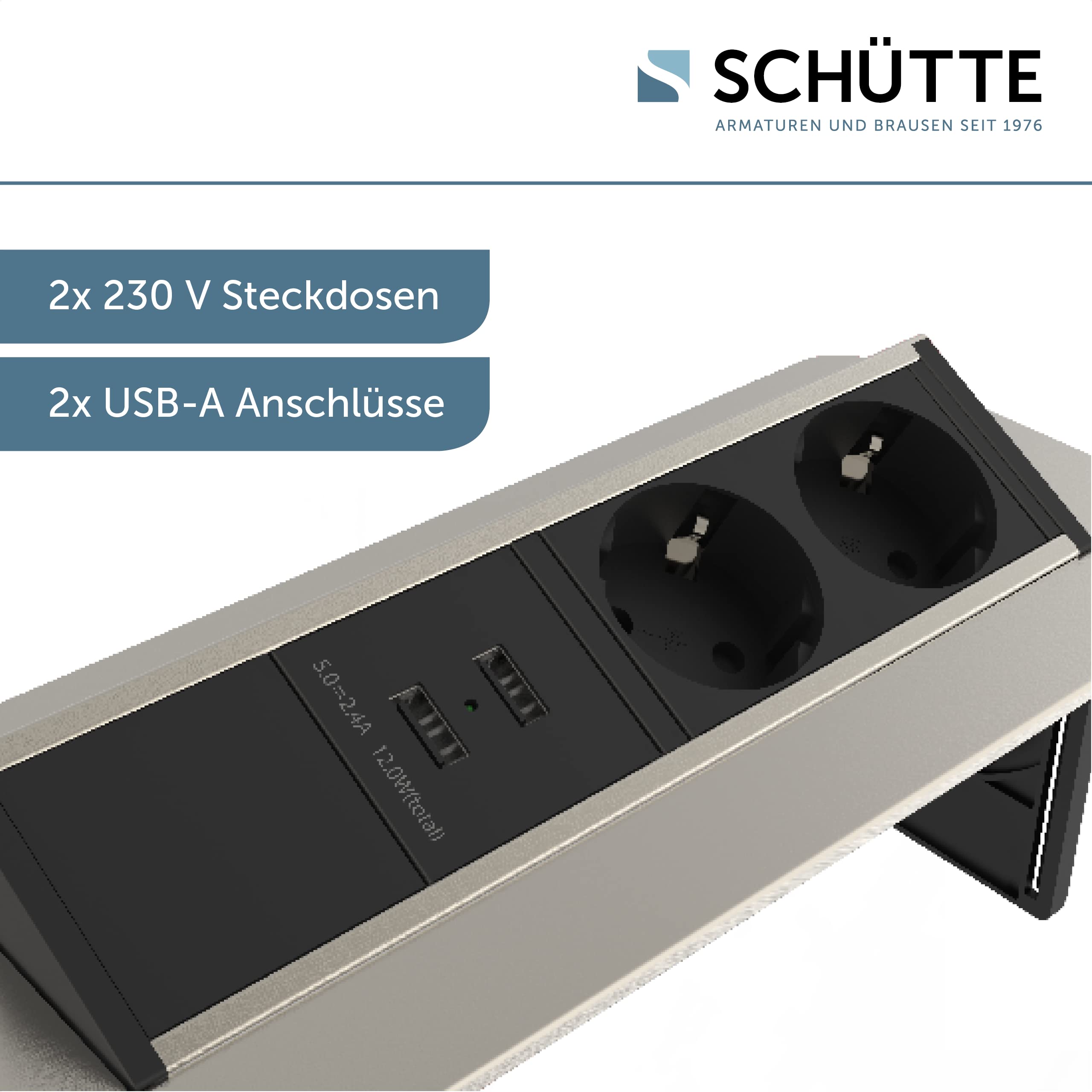 SCHÜTTE 3074 klappbare Steckdosenleiste für die Arbeitsplatte (2x USB & 2x 230 V Steckdosen), Einbausteckdose für die Küche zum Nachrüsten, Tischsteckdose aus Edelstahl