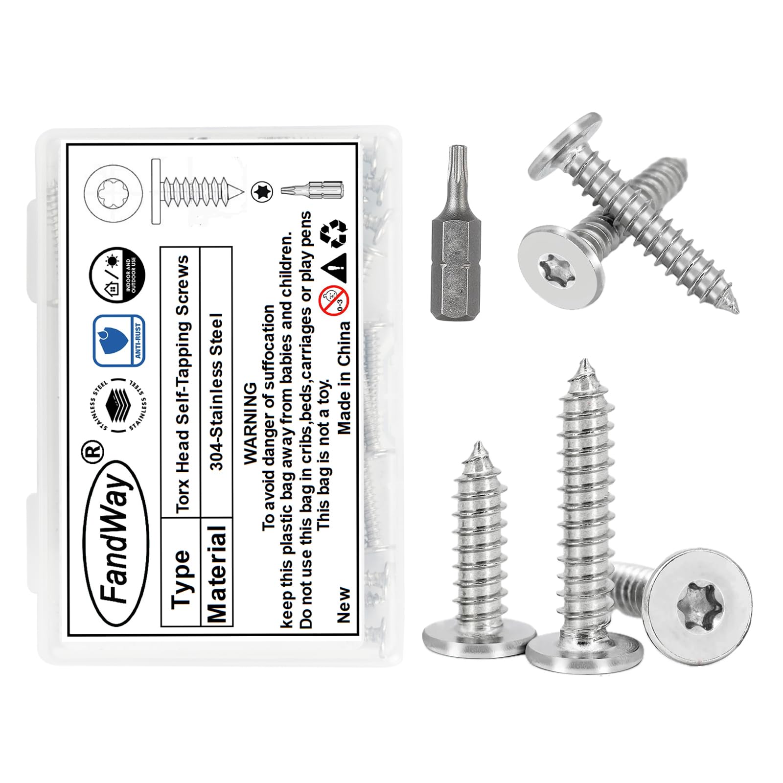 FandWay 100Pcs Torx Self Tapping Screws 304 Stainless Steel