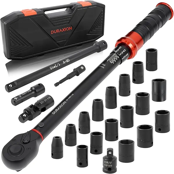 23PCS 1/2-Inch Drive Torque Wrench Set, 10-170FT.LB/13.6-230.5Nm, 1/2 Drive Click Torque Wrench, 72-Tooth Dual-Range, ±3% Precision Adjustable Torque Wrenches for Cart, Motorcycle, Lug Nut