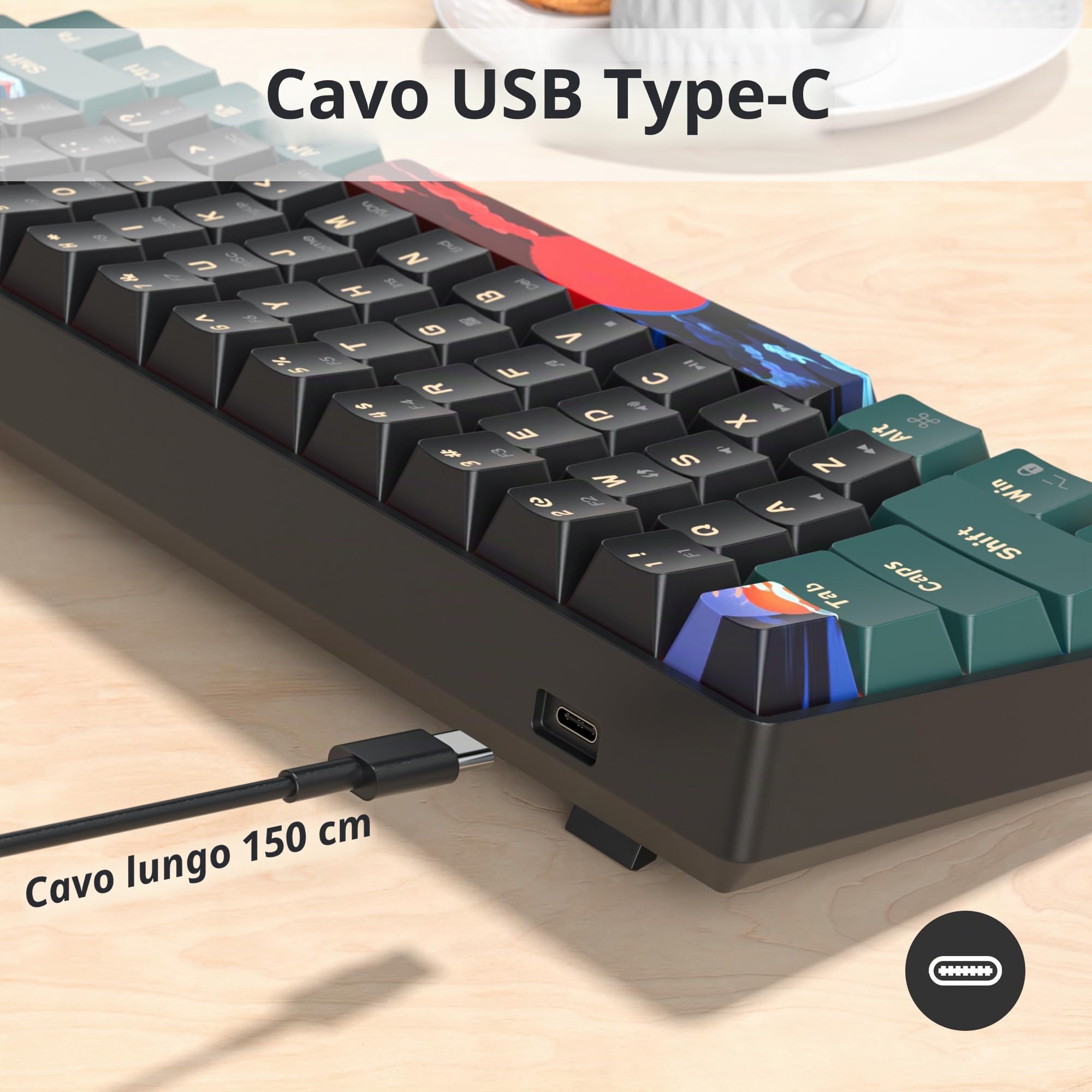 Tastiera Meccanica 60%, 61 Tasti, Mini Tastiera Gaming 60 Percento Retroilluminazione, QWERTY Americana，Switch Lineari Rossi, PBT Keycaps Anti-Ghosting Compatta per PC/Mac
