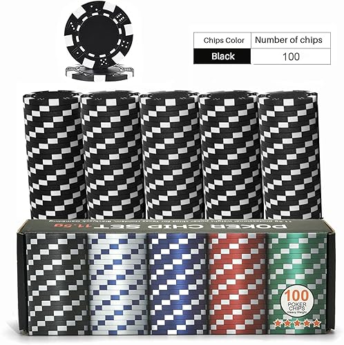 Vista 20 de 100 fichas de póquer profesional con caja de almacenamiento, juego de fichas de póquer de casino de 5 colores, fichas de póquer de casino compuestas