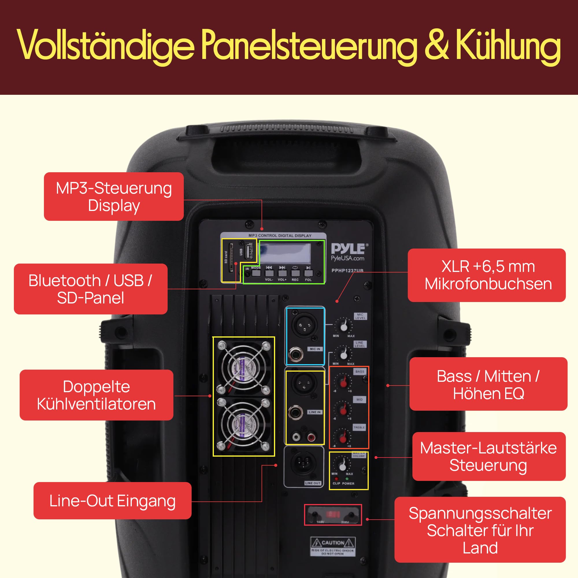 Pyle PA Lautsprecher 900W Bluetooth Partylautsprecher Tragbar USB SD AUX FM Schwarz