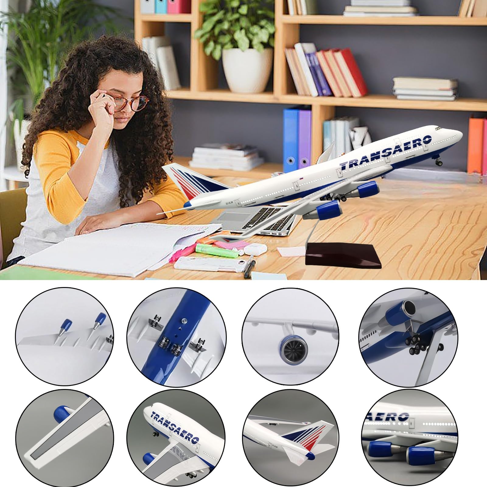 47CM 1:150 Russia Transaero Airlines B747 modello di aereo aereo macchina for pressofusione con luce e carrello di atterraggio ruote for appassionati aviazione, arredamento(With light)