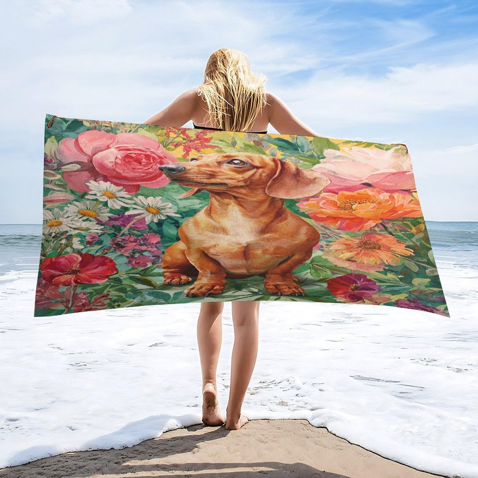 Luyysky Modern Realistic Cute Puppies Quick-Drying Beach Towel, Mid Century Classic Spring Garden Daisies Floral Animal Dogs Travel Vacation Single Sided Pile Bathroom Towels-80 W Cm X 160" L Cm