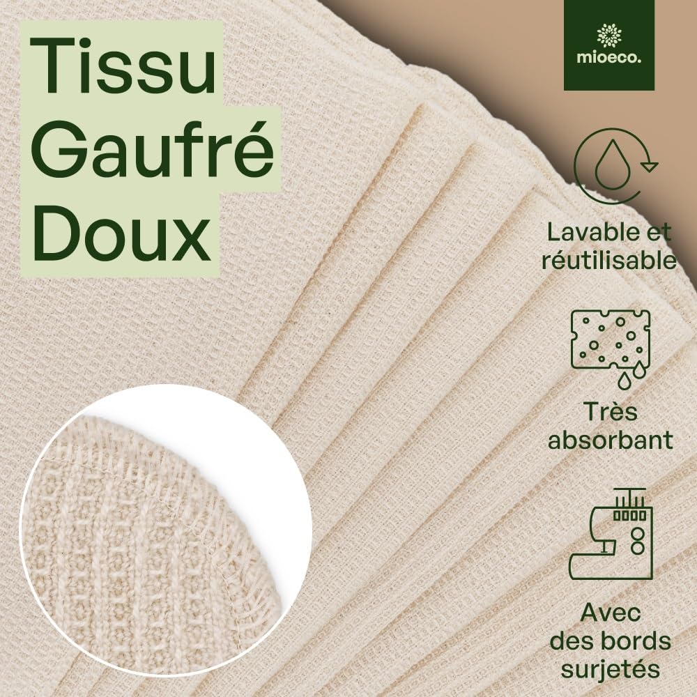 Mioeco Lot de 20 Essuie-Tout Réutilisables – Sopalin Lavable en Coton Bio – Alternative Durable aux Essuie-Tout Jetables – Ultra Absorbant, Résistant & Écologique
