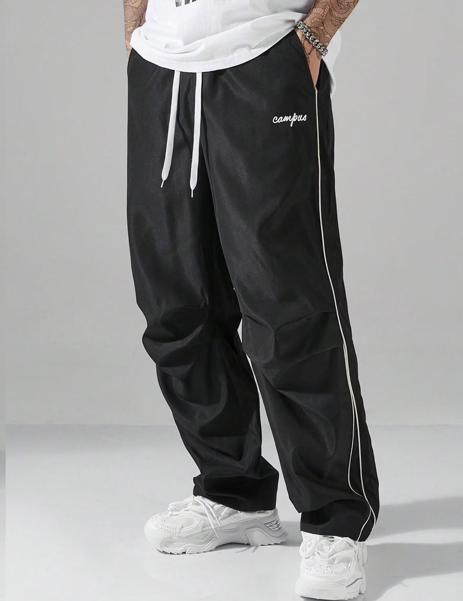 FCOOLYEET Y2k Herren-Trainingshose mit Kordelzug, leicht, weites Bein, coole Fallschirmhose, Streetwear