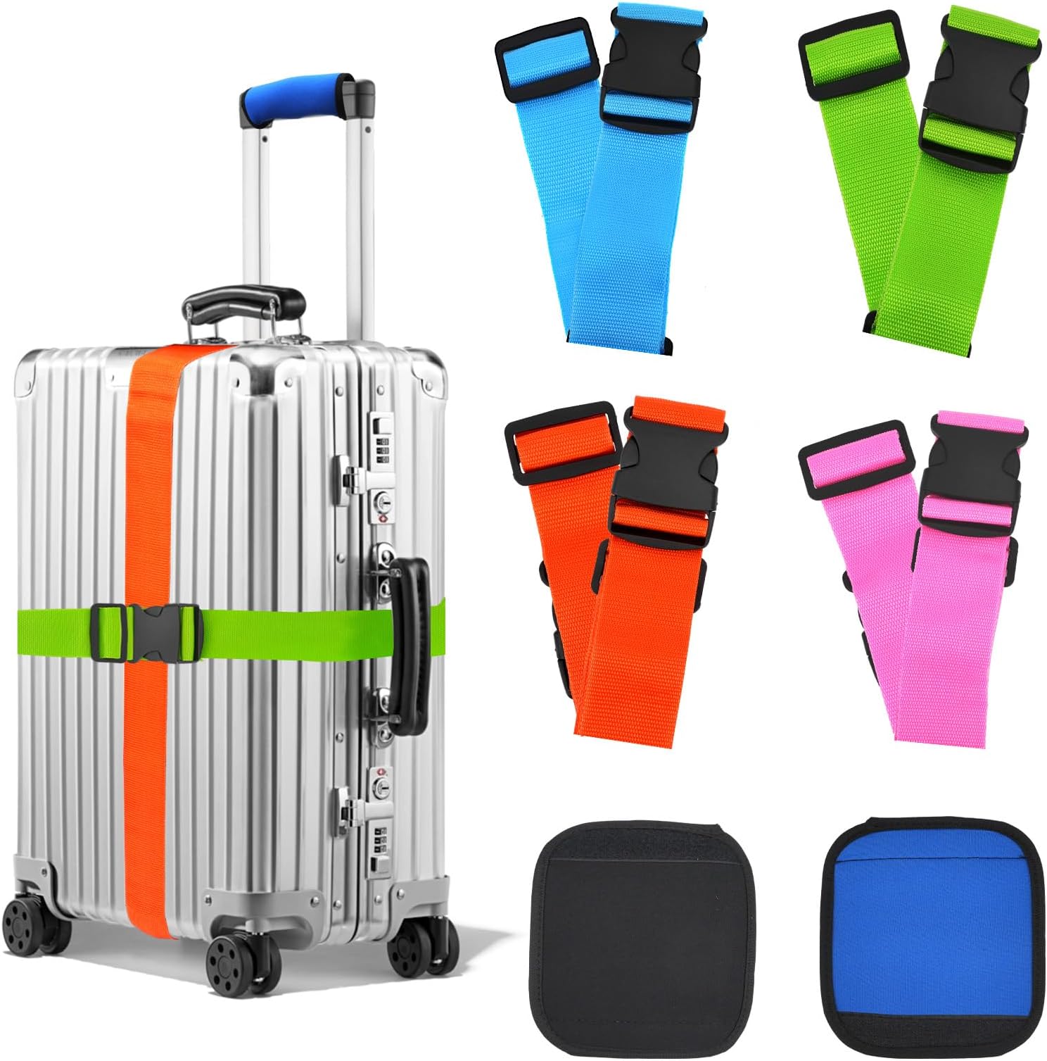 6 Pack Luggage Straps for Suitcases, 4PCS TSA Approved Suitcse Belt with 2PCS Comfort Soft Luggage Handle Wraps, Adjustable Travel Accessories for Briefcases Bags Closure Safety (4 Colors)