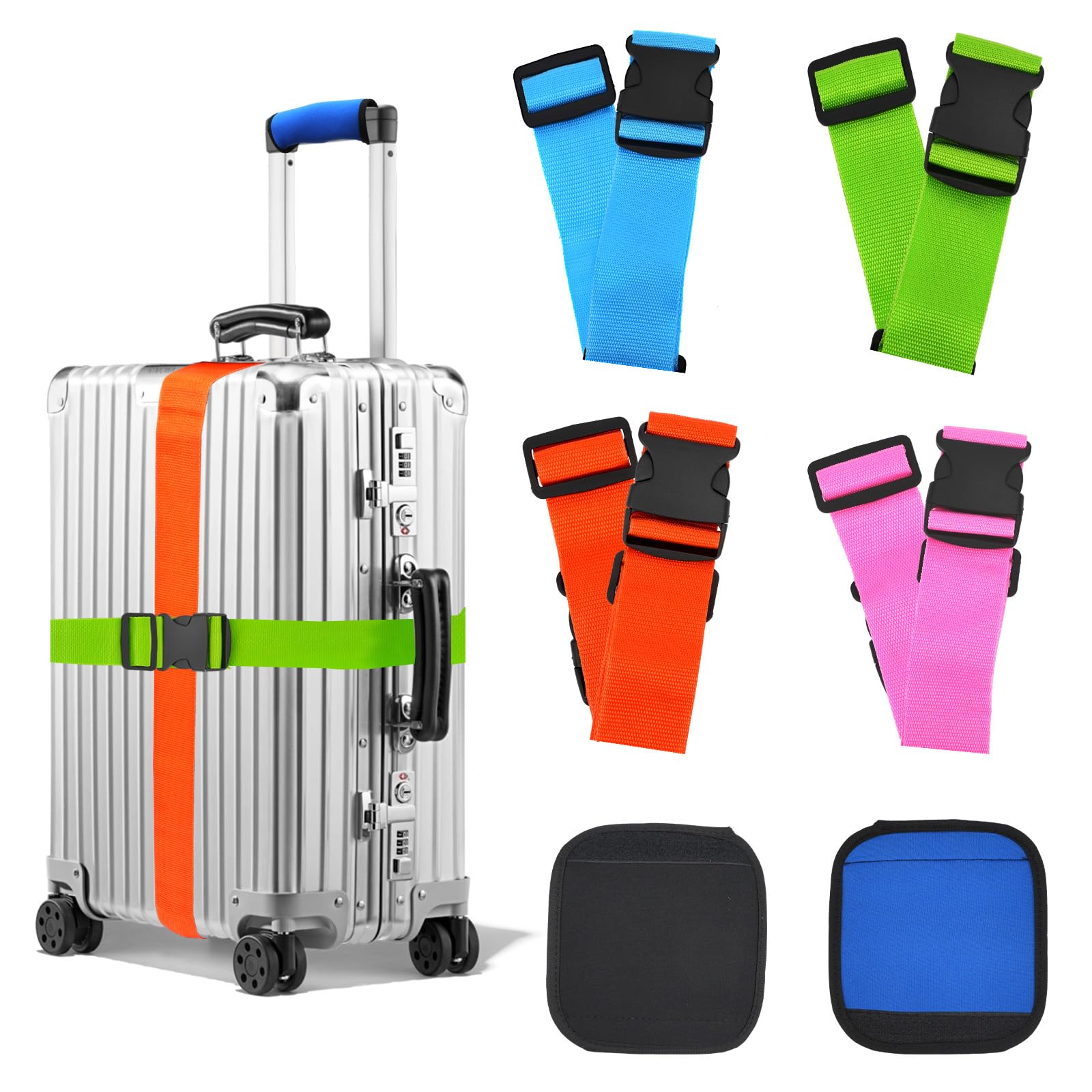 6 Pack Luggage Straps for Suitcases, 4PCS TSA Approved Suitcse Belt with 2PCS Comfort Soft Luggage Handle Wraps, Adjustable Travel Accessories for Briefcases Bags Closure Safety (4 Colors)