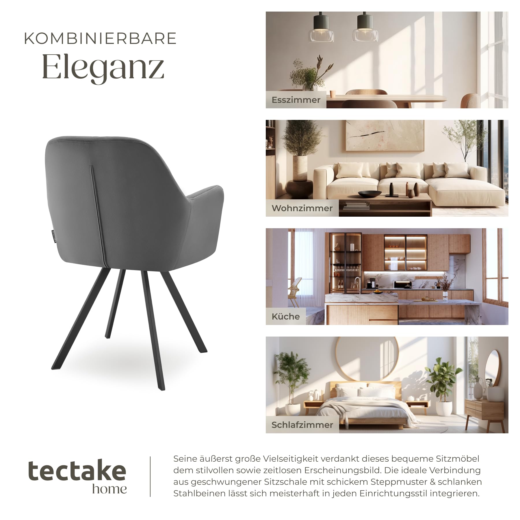 tectake® Esszimmerstuhl drehbar mit Armlehne, Samtstoff Drehstuhl ergonomisch, Möbel für Wohnzimmer, Stühle für Dining Lounge, Office, als Schminkstuhl oder Schreibtischstuhl - anthrazit