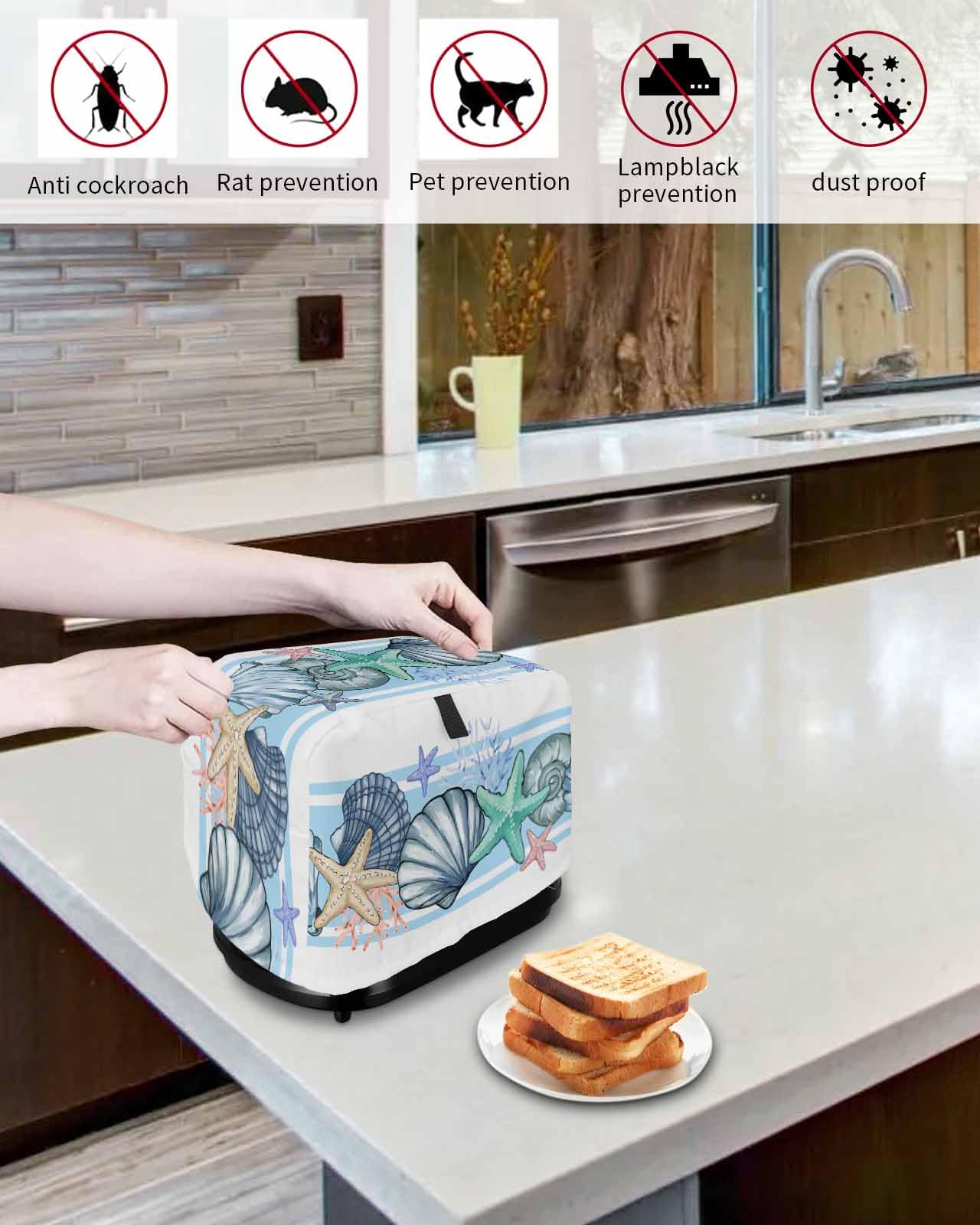 Sea Starfish Toaster Cover - Dustproof 4-Slice Toaster Cover, 12.4x10.6x8.3 Inch, Oxford Polyester