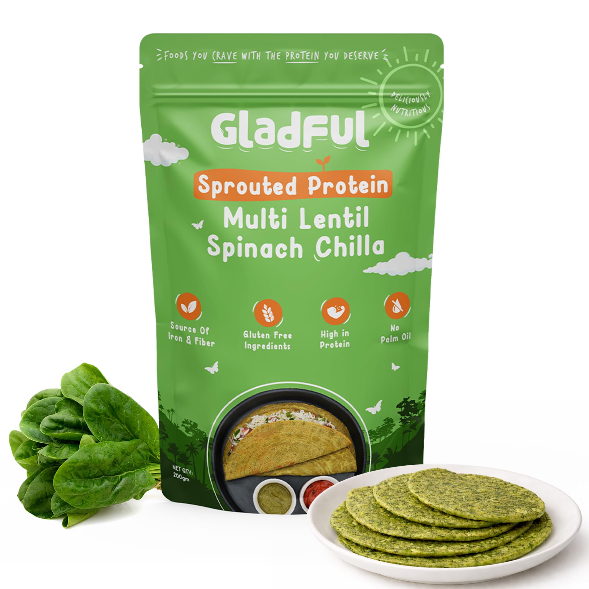 Sprouted Protein Spinach Instant Chilla Mix - No Maida, No Palm Oil, Gluten Free, High Protein & Fiber-Rich Food, 200 g (Pack of 1)