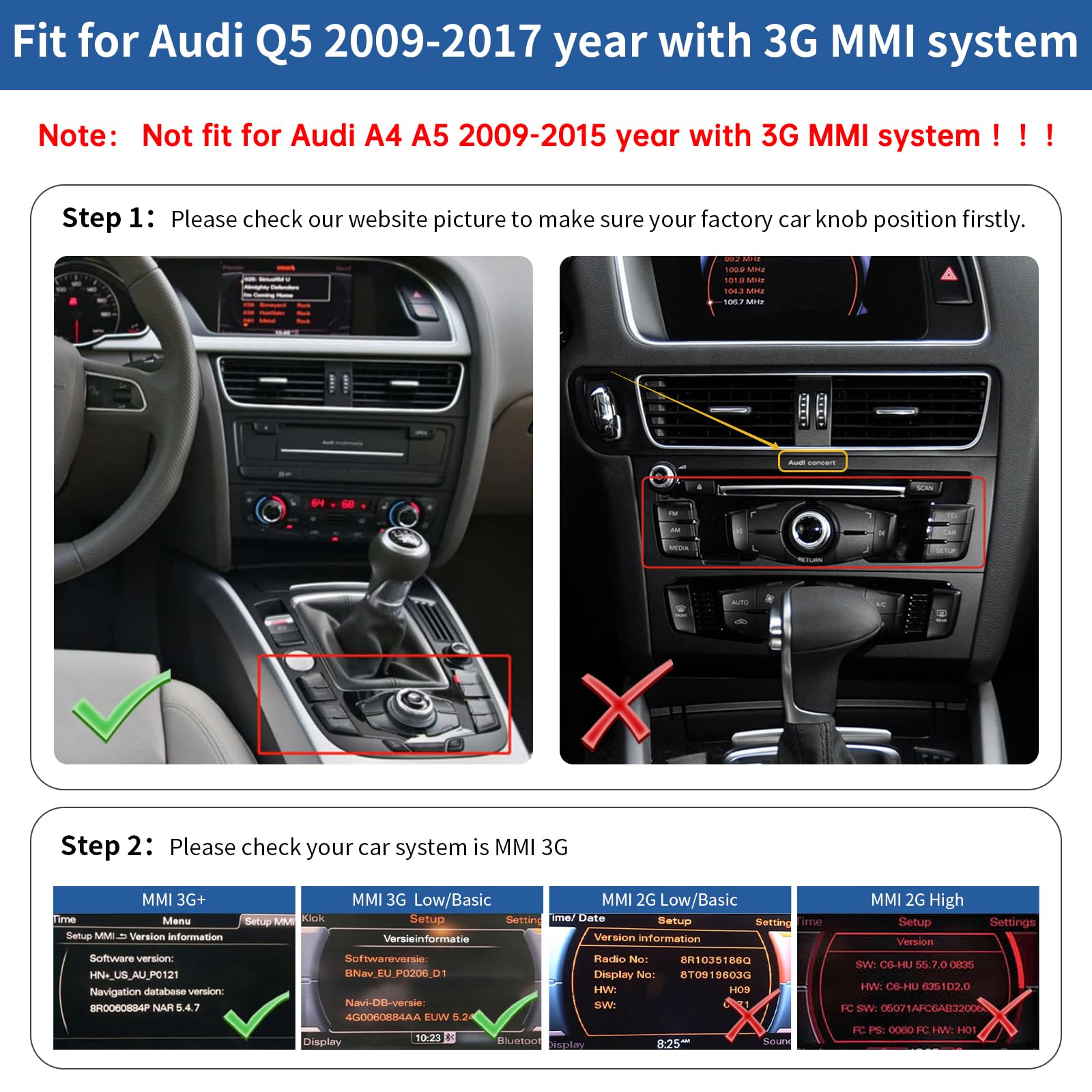 Road Top 8,9 cala Bezprzewodowy ekran dotykowy radia samochodowego CarPlay dla Audi Q5 2009-2017 rok z 3GMMI, multimedialny ekran stereo radia samochodowego, obsługa bezprzewodowego Android Auto