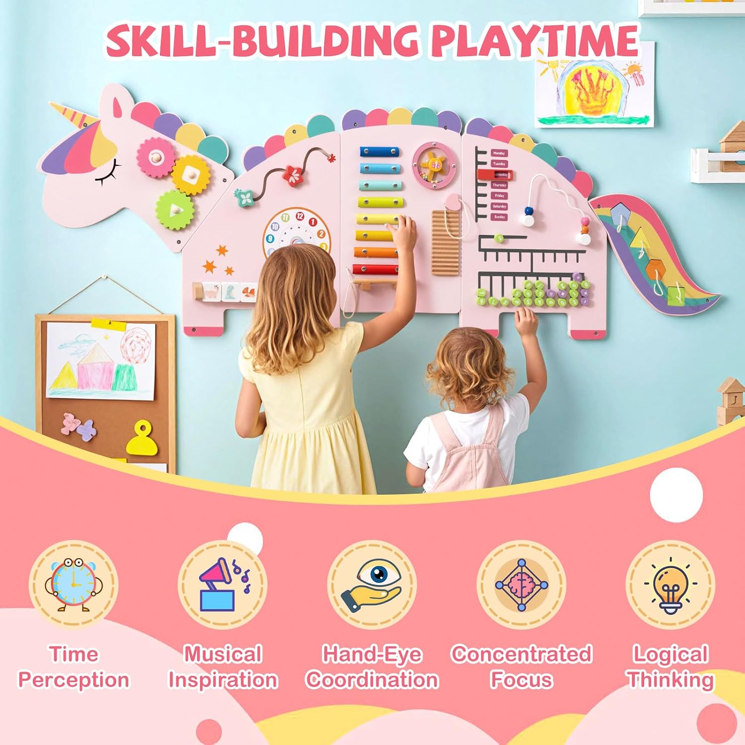 Costzon Activity Wall Busy Board, 11-in-1 Montessori Wooden Sensory Board Panels for Kids 3+, Wall-Mounted Toddler Learning Activity Center for Playroom, Daycare, Nursery, Classroom (Pink)