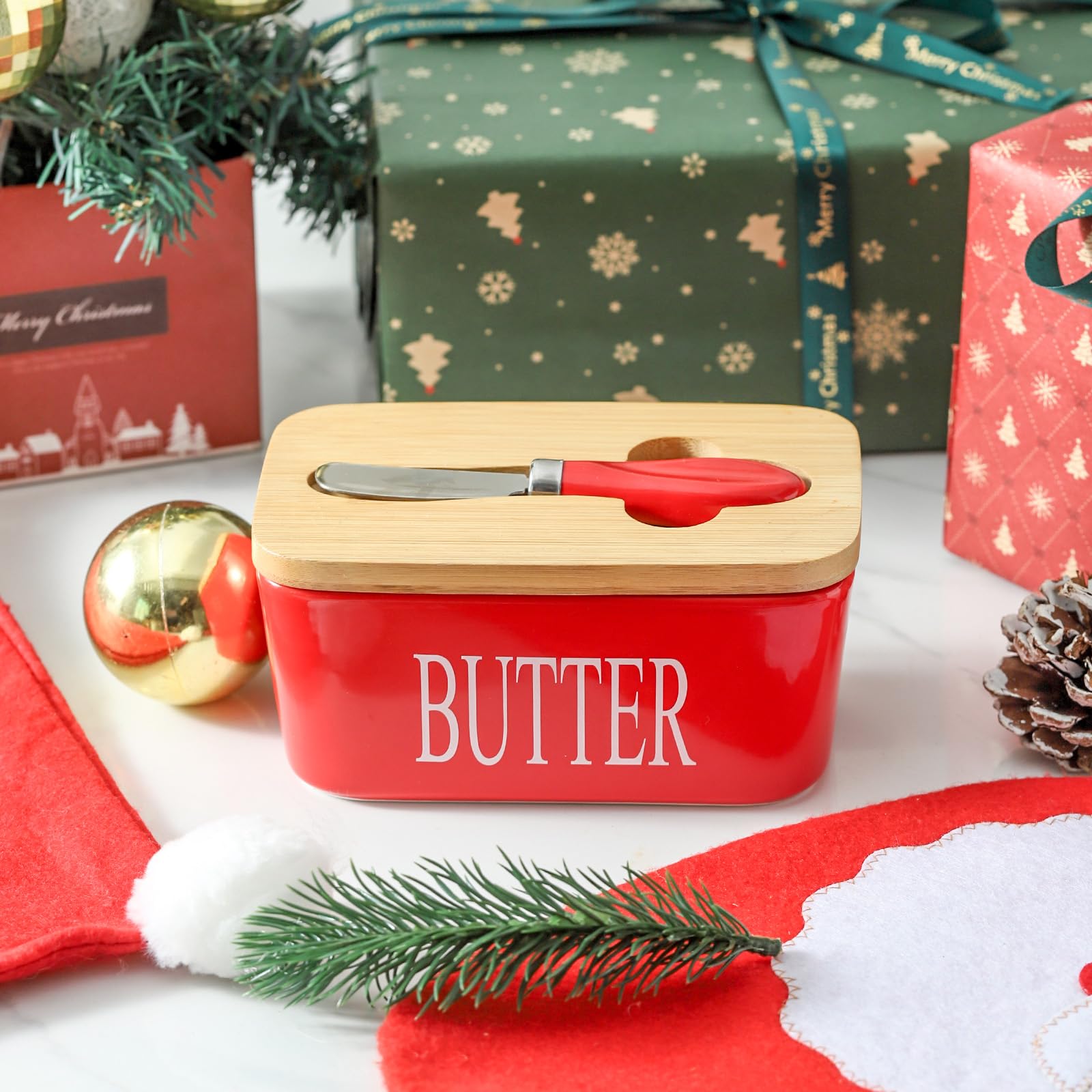 Hasense Butter Dish with Bamboo Lid and Knife,650ml Large Butter Keeper Container for Counter, Airtight Butter Holder with Cover for Kitchen,Red 1
