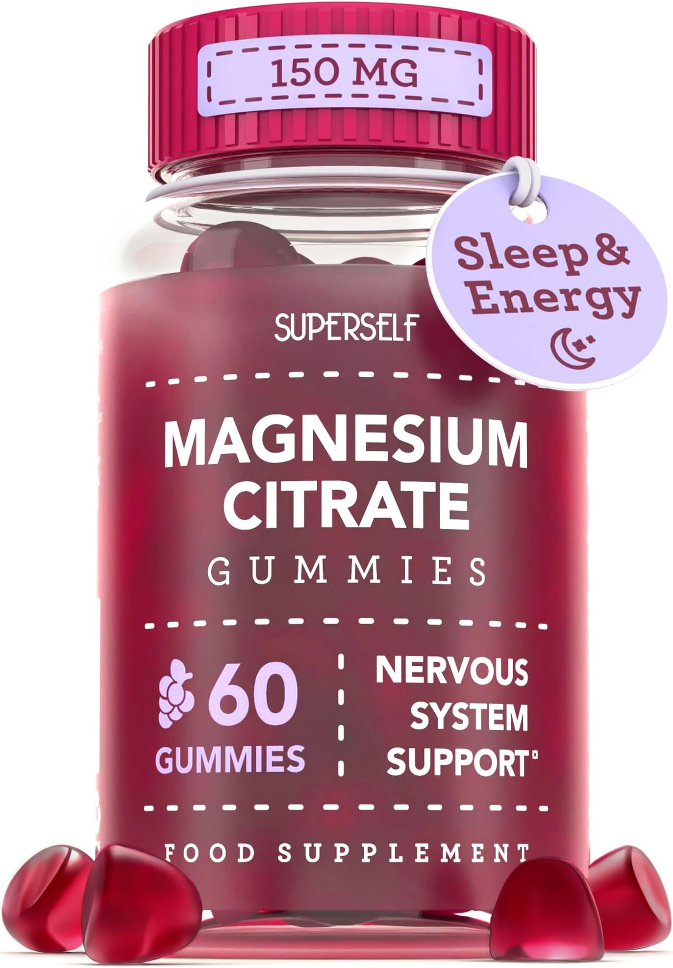 Magnesium Gummies for Adults & Kids - 150mg Magnesium Supplements for Sleep, Relaxation & Muscle Support - Natural Grape Flavour - No Artificial Colours - Vegan - 60 Gummies Easy to Chew