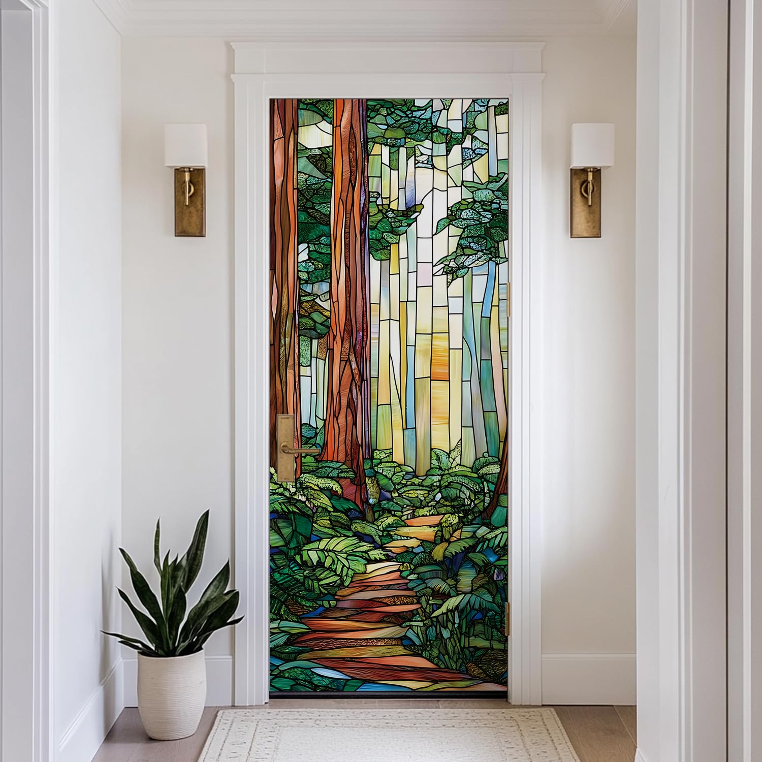 LiveInUrban Self Adhesive Faux Stained Glass Effect Door Mural, Leather Effect Textured Vinyl Peel and Stick Door Decals Sticker for Bedroom Living