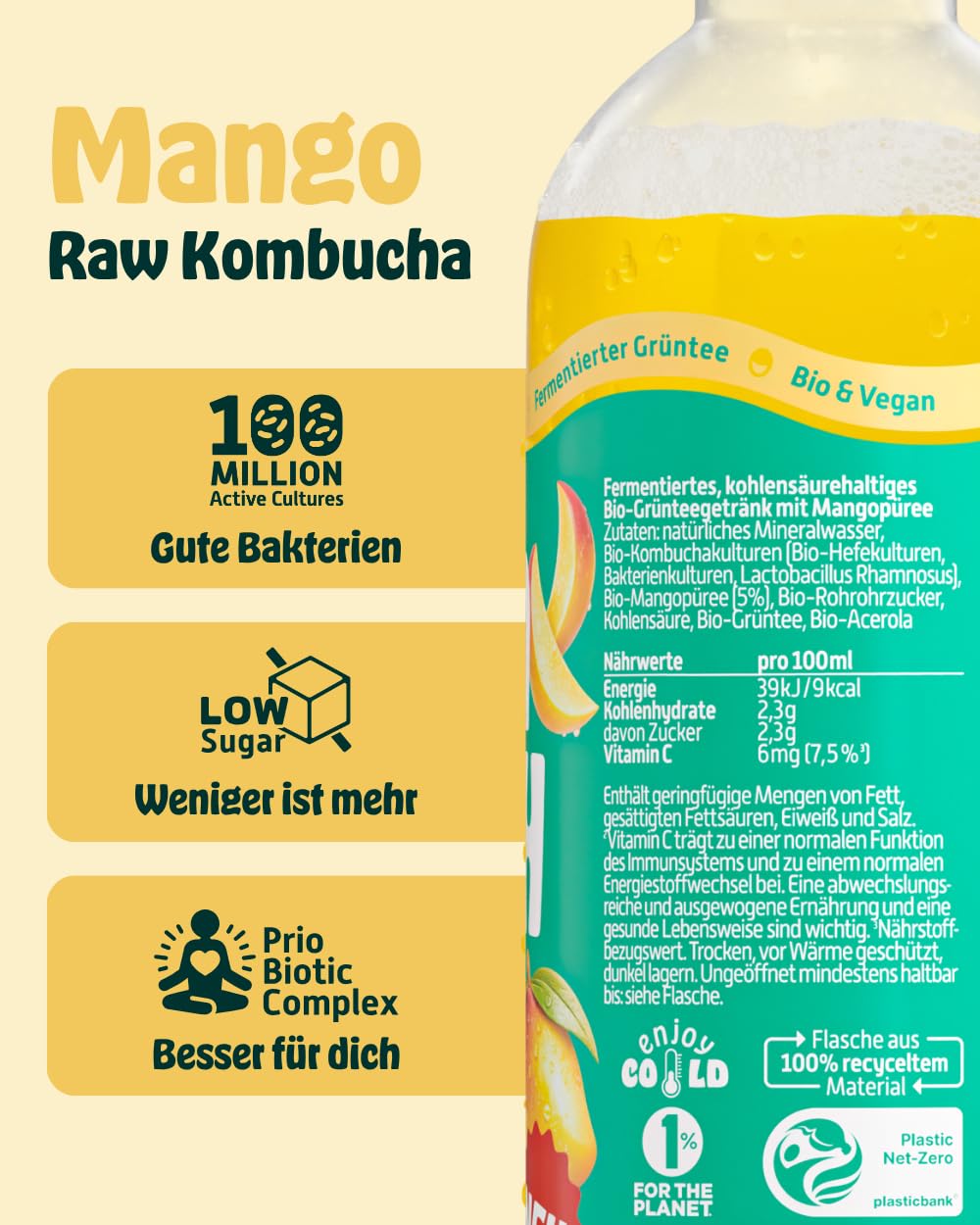 KOMBUCHERY® Mango Raw Kombucha BIO | 12 x 400ml | Fermentierter Tee mit aktiven Darm-Kulturen | Zuckerarm & Kalorienarm | Unpasteurisiert, PrioBiotic, Vegan, Testsieger | inkl. 3€ PFAND