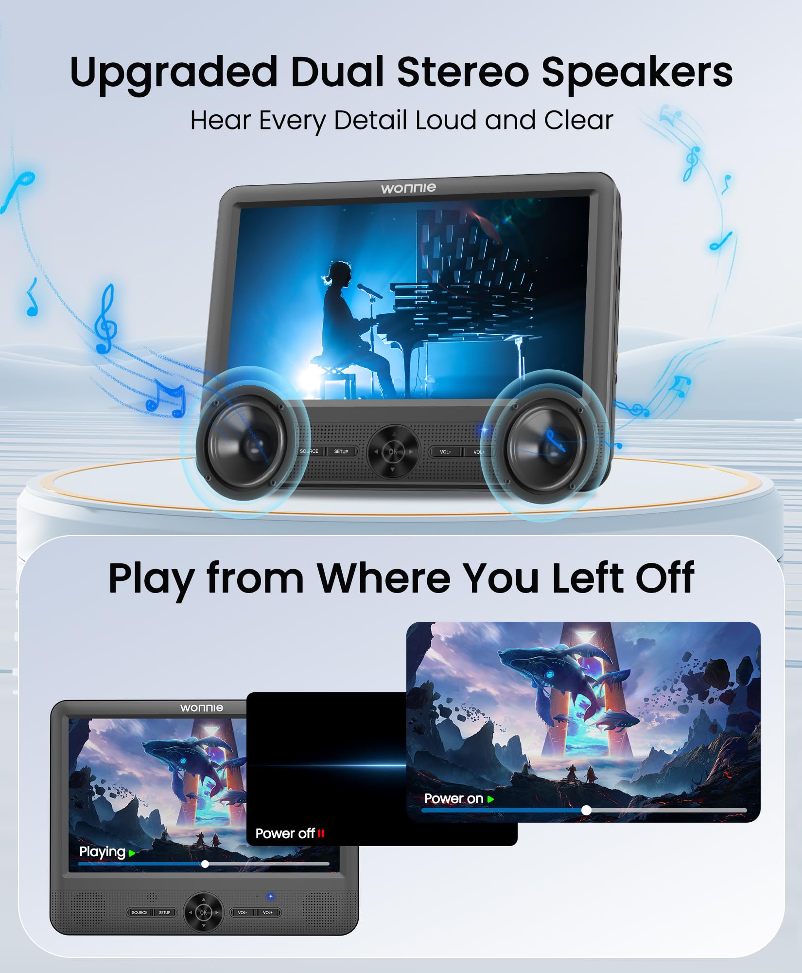 WONNIE 25,4 cm (10 Zoll) Auto-DVD-Player, tragbarer DVD-Player, Dual-Bildschirm, spielen Sie die gleichen oder zwei verschiedene Filme mit 5 Stunden wiederaufladbarem Akku, 2 AC-Adapter
