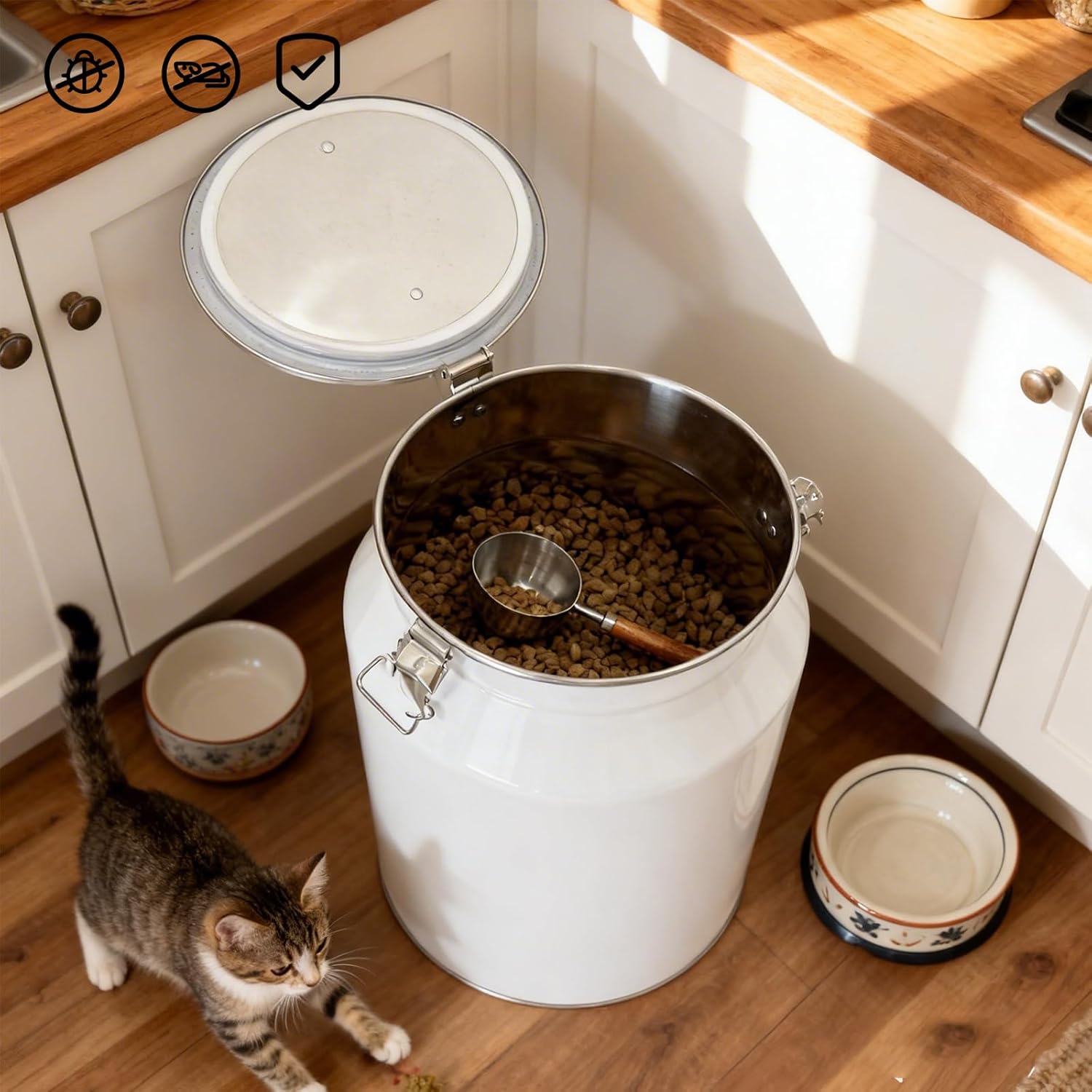 25 Lbs Stainless Steel Dog Food Storage Container with Scoop, Large Metal Dog Food Bin with Airtight Lid & Locking Clamp, Pet Treat Jars for Dogs & Cats, Keep Fresh