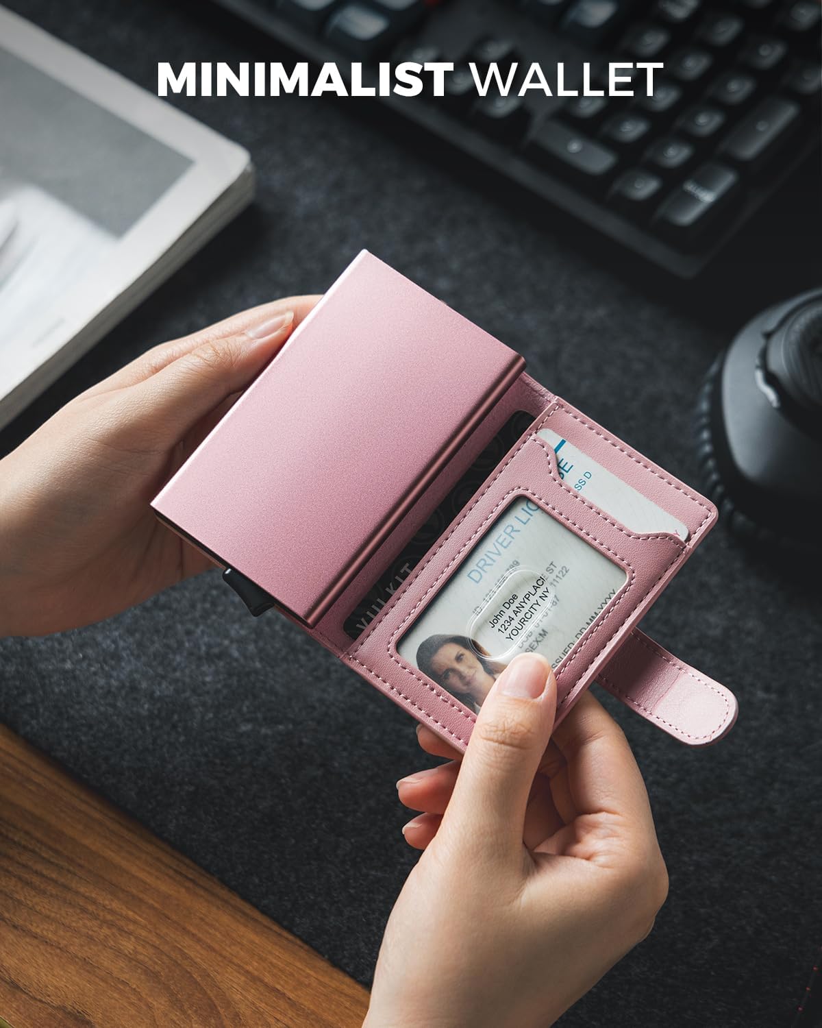 VULKIT Slim Bifold Pop up Wallet Minimalist Leather Card Holder RFID Blocking Metal Card Case with ID Window for Women | with Leather Slots, RFID Blocking, Slim, Metal Card Case - Image 4