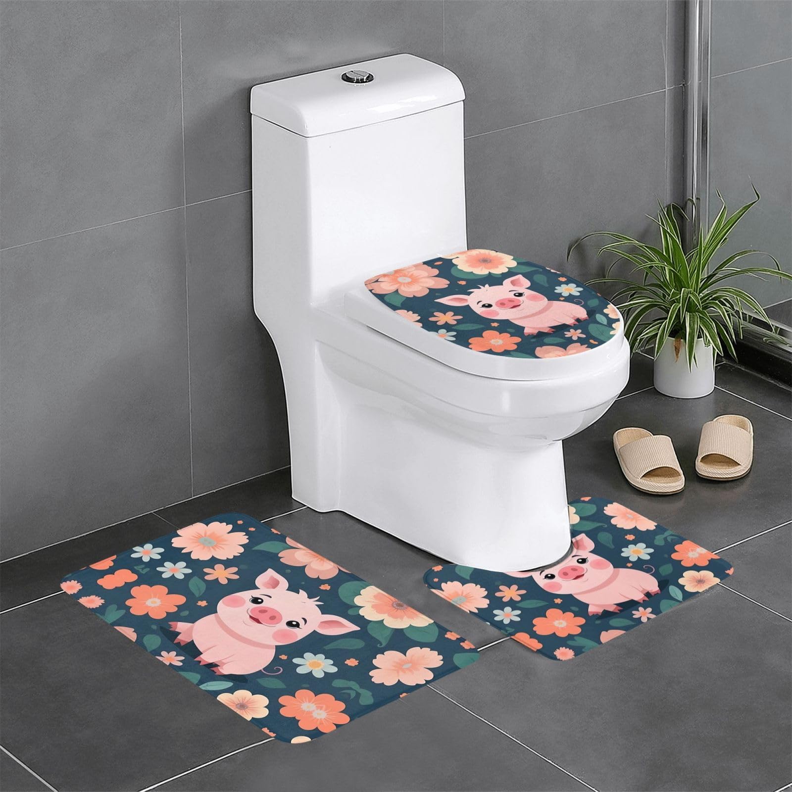 Tapis de salle de bain antidérapant cochon lot de 3 pièces pour toilettes et lavabo