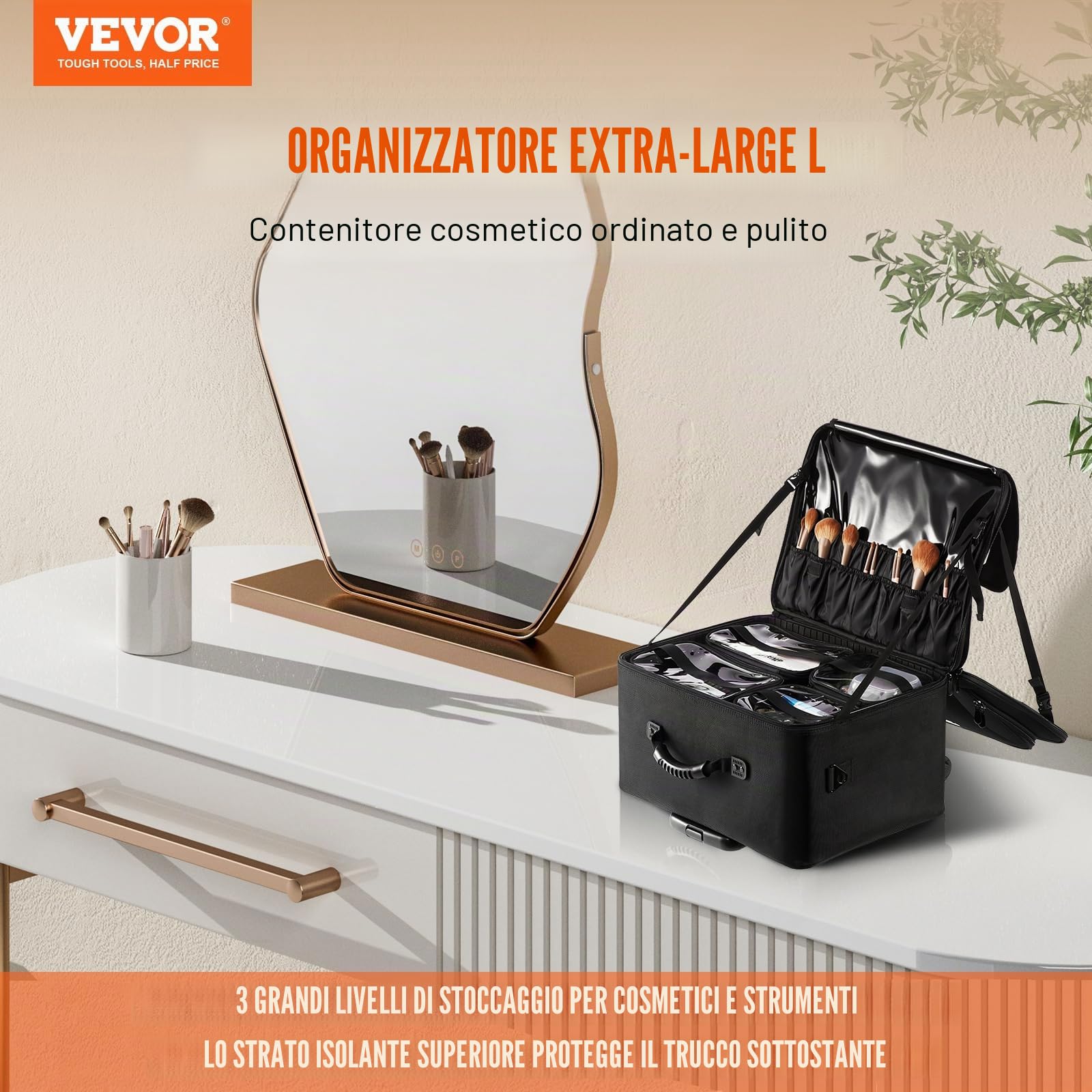VEVOR Scatola di immagazzinaggio professionale per donne e ragazze, nero, trolley estensibile con ruote girevoli, nero, Valigia estensibile con ruote girevoli