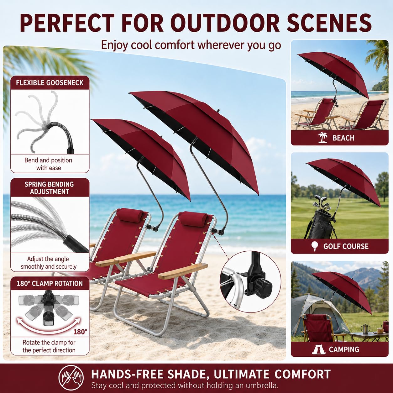 Parasol Double de 123,4 cm avec Pince, Protection UPF50+, Parasol de Plage avec Clip, réglable à 360° pour Fauteuil Roulant, terrasse, Camping,Rouge,1 Pack