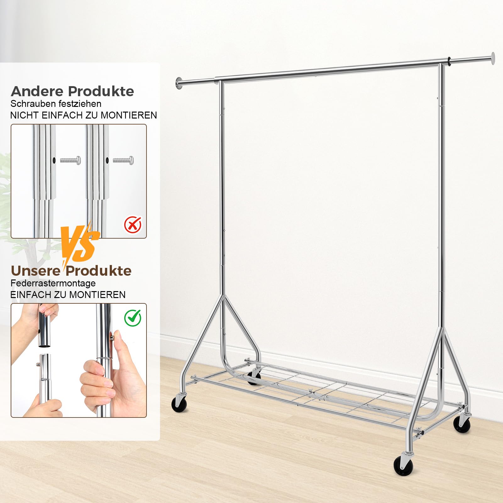 Kleiderständer auf Rollen, Garderobenständer, Kleiderstange Ausziehbar | Metall Schwerlast mit Aufbewahrungsgitter, bis 210 kg belastbar, Länge 125-177 cm, für Schlafzimmer, Garderobe, Waschküche