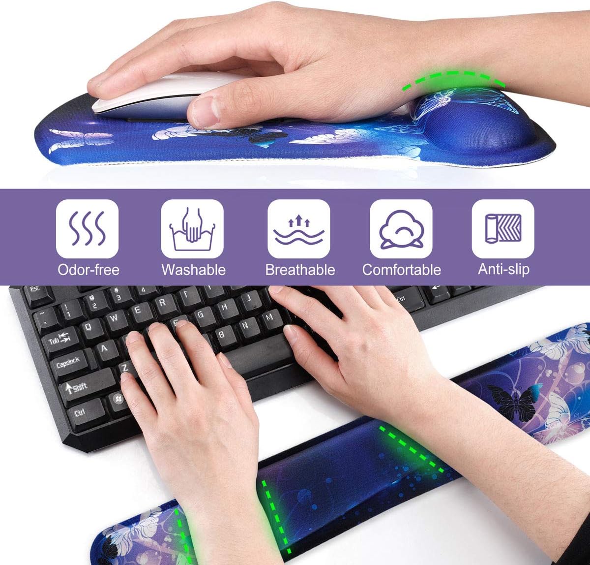 ToLuLu Keyboard Wrist Rest Pad Ergonomic Mouse Pad Set, Gel Mouse Pad for Computer Laptop, Non Slip Mousepad Keyboard Wrist Support Raised Memory Foam for Easy Typing Pain Relief, Art Butterflies