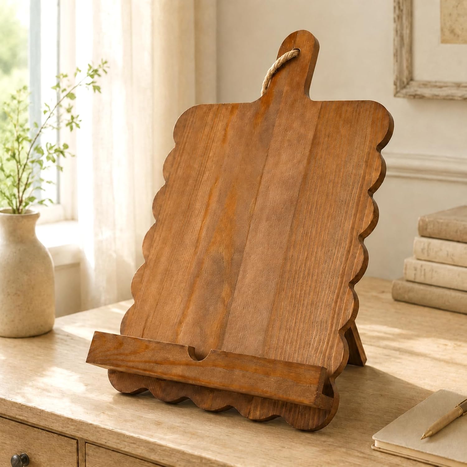 FYSUIMU Scalloped Wooden Cookbook Stand, Rustic Recipe Book Holder