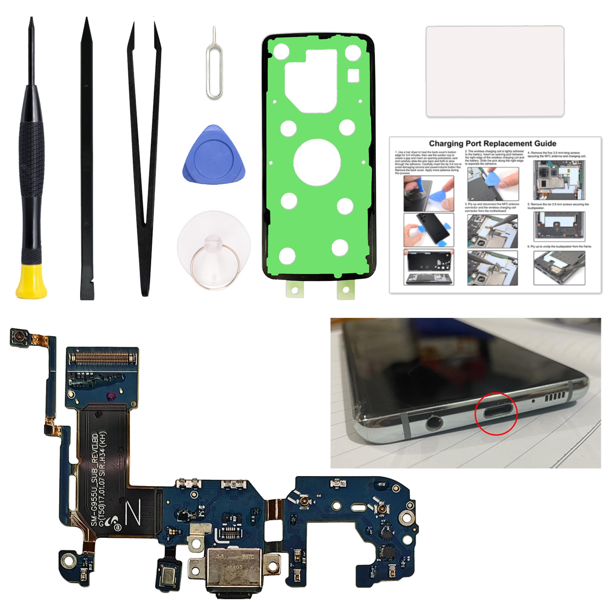 Charging Port Replacement Kit Compatible with Galaxy S8 Plus US Version, Dock Board USB-C Connector Only for Galaxy S8 Plus SM-G955U, SM-G955U1, SM-G955W, with Instruction Manual, Toolkit