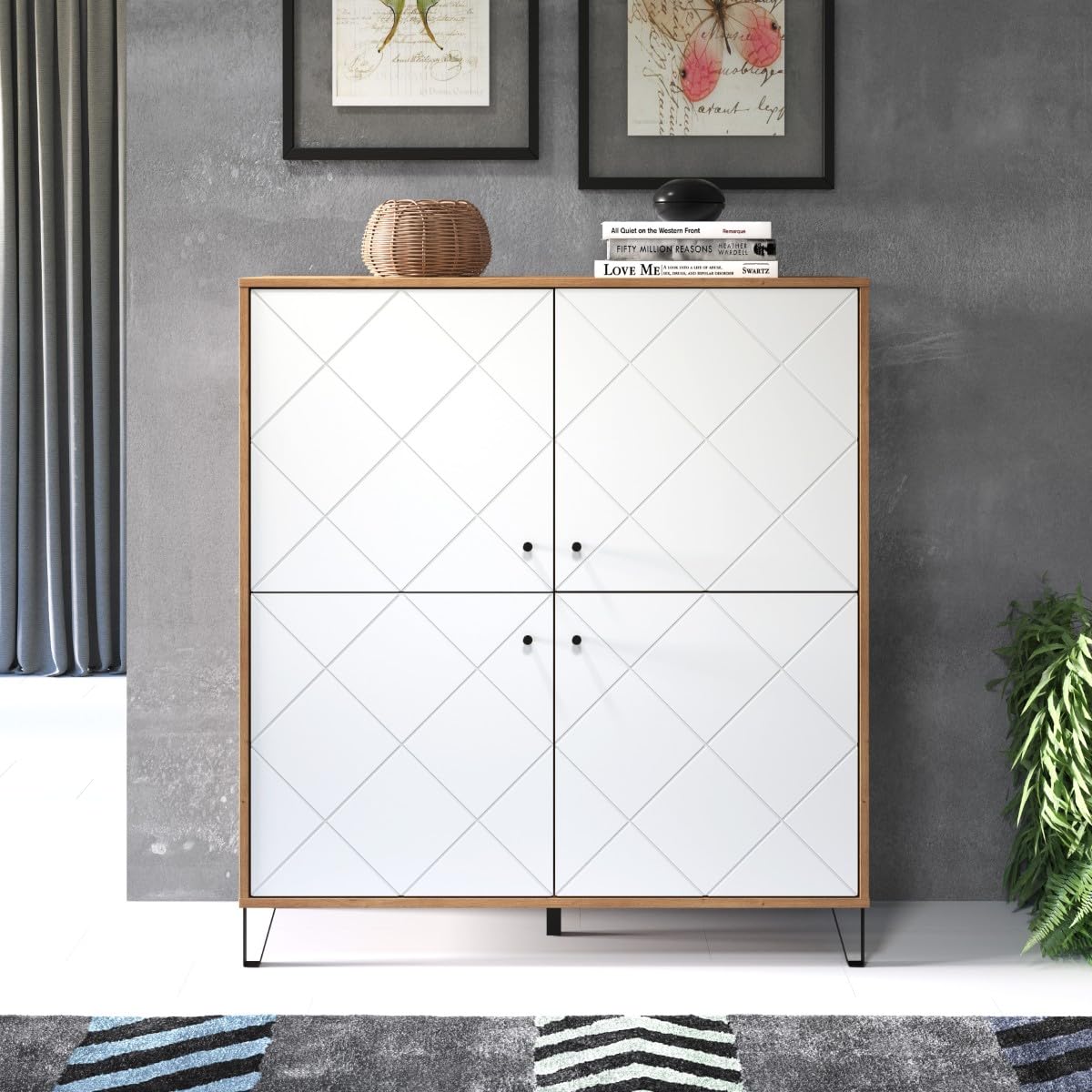 trendteam smart living - Touch - Sideboard - Weiß/Eiche - Highboard mit 4 Türen und 3 Einlegeböden - Fronten mit dekorativer Fräsung - (BxHxT) 123 x 136 x 40 cm - extravagante schwarze Metallfüße