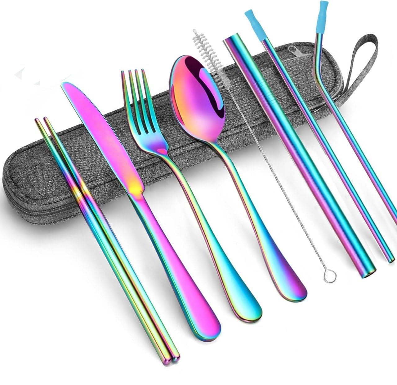 MARZIX Camping Stainless Steel Cutlery Set 8pcs Including Dinner Knife Fork Spoon Chopsticks Boba Straw Portable Utensil Travel Silverware Dinnerware Set Reusable Utensils Silverware