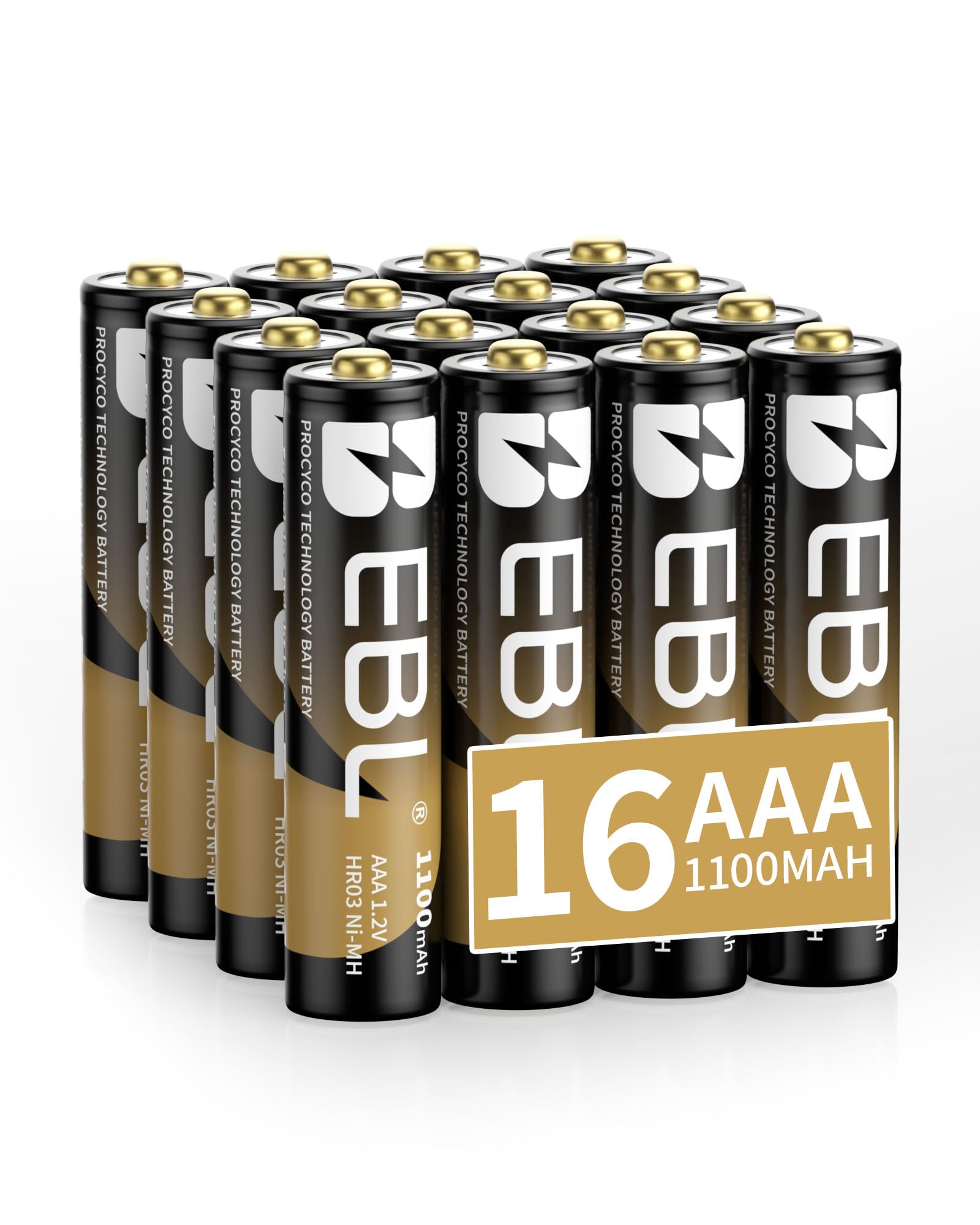 Gold Pro Rechargeable AAA Batteries 1.2V 1100mAh NIMH Battery Upgraded High Performance AAA Batteries Precharged Triple A Battery - 16 Packs