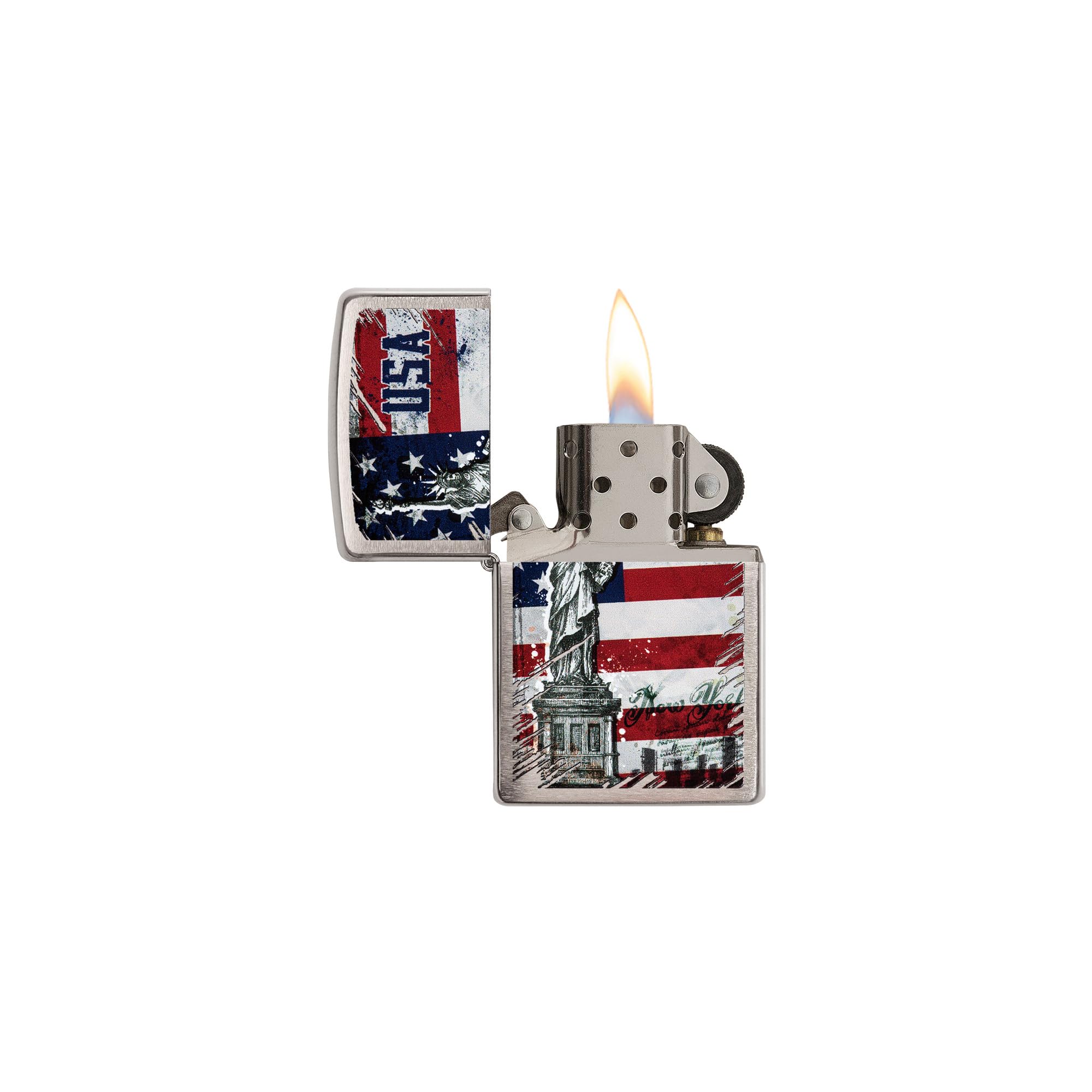 Zippo Briquet Tempête - Statue de la Liberté Drapeau - Chrome Brossé avec Color Image - Rechargeable - Réutilisable - Design Coupe-Vent - Coffret Cadeau Fabriqué aux États-Unis