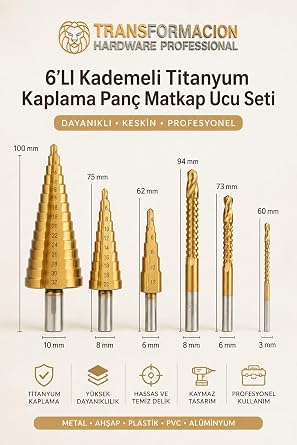Transformacion 6'lı Titanyum Kaplama Kademeli Matkap Ucu ve Panç Seti - 4-32mm HSS Çelik Kademeli Delik Açma ve Testere Dişli Yivli Matkap Ucu Seti - Özel Çantalı Ahşap, Metal, Plastik Delici 722467